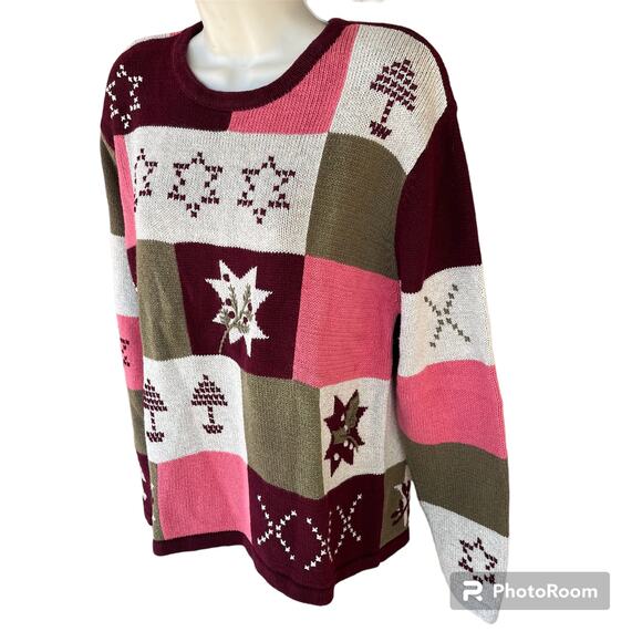 Vintage Christopher & Banks Patchwork Crew Neck Knit Sweater Pink Tan Womens L - Picture 4 of 8
